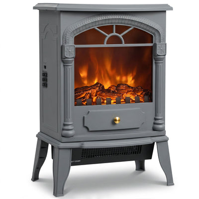 Front three-quarter studio view of the freestanding electric stove fireplace with arched window