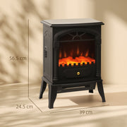 Fireplace dimensions marked as 39 cm wide, 24.5 cm deep and 56.5 cm high in a plain room