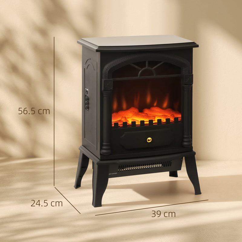 Fireplace dimensions marked as 39 cm wide, 24.5 cm deep and 56.5 cm high in a plain room