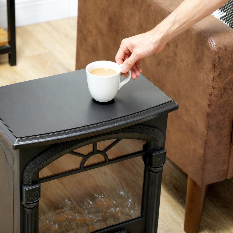 Close-up of the flat top surface holding a cup of coffee