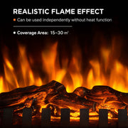 Close-up of the realistic log flame effect with 15 to 30 m² coverage area