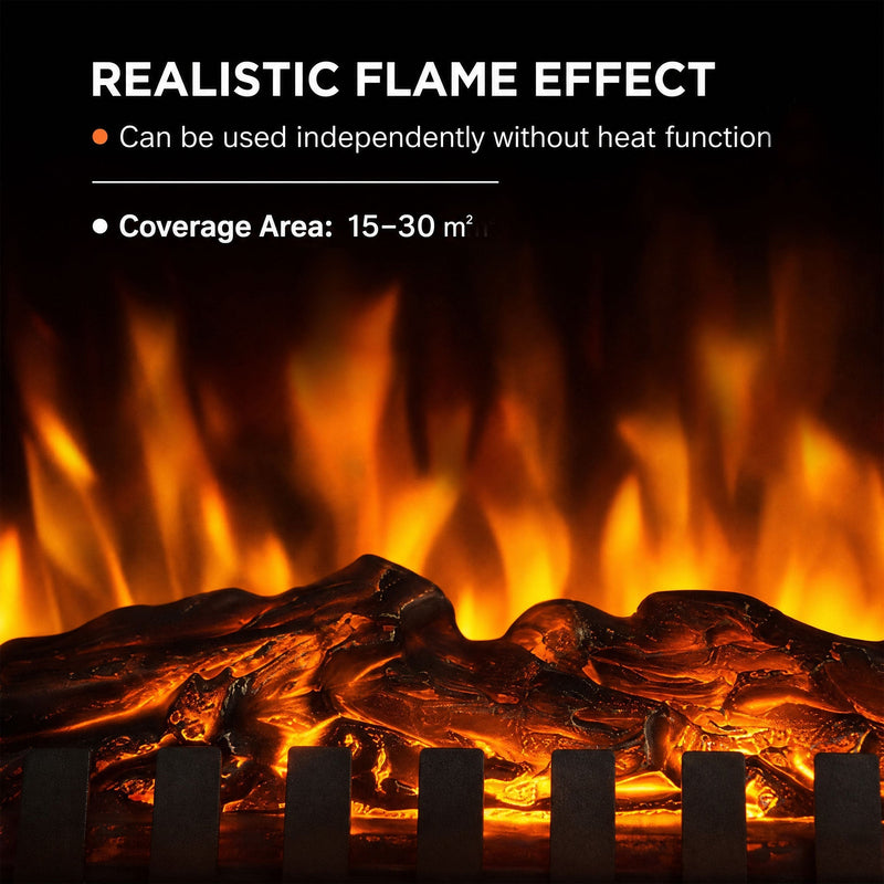 Close-up of the realistic log flame effect with 15 to 30 m² coverage area