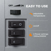 Control panel with thermostat dial, on/off switch and 1000W/2000W power settings