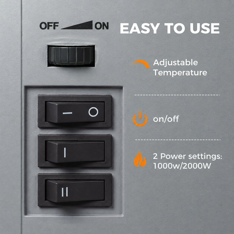 Control panel with thermostat dial, on/off switch and 1000W/2000W power settings