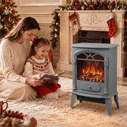 Mother and daughter reading by the electric stove in a festive Christmas lounge