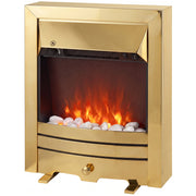 Front view of the electric fireplace with flames lit and support feet, studio shot