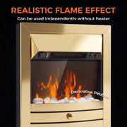 Realistic flame effect panel pointing out the decorative pebbles behind the glass
