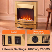 Fireplace in a panelled room with on/off switch and thermostat knob insets