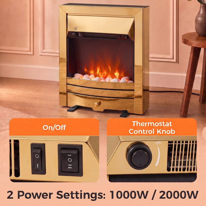 Fireplace in a panelled room with on/off switch and thermostat knob insets