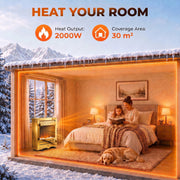 Heat your room graphic showing a cosy bedroom, a sleeping dog and 30 m2 coverage