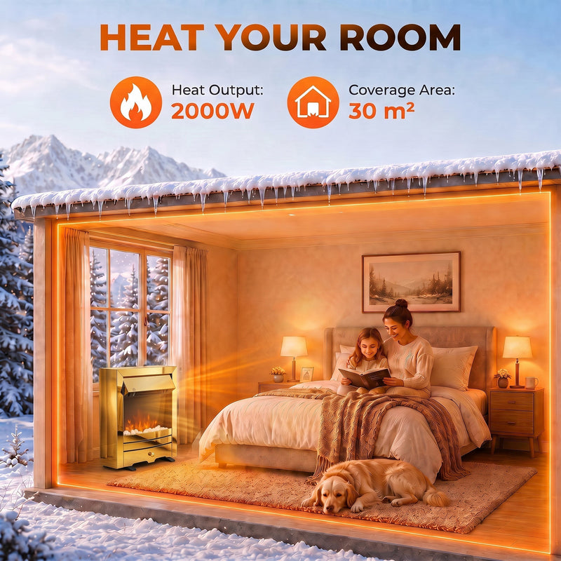 Heat your room graphic showing a cosy bedroom, a sleeping dog and 30 m2 coverage