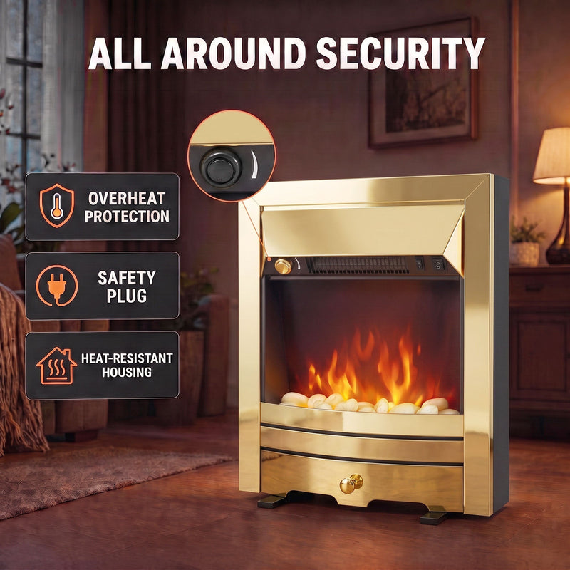 Safety features listed beside the fireplace: overheat protection, safety plug, heat-resistant housing