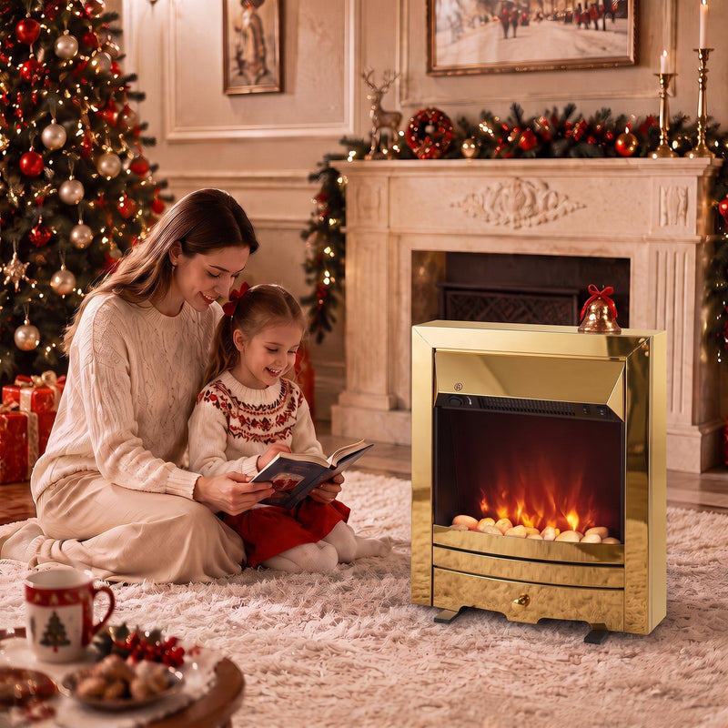 Mother and daughter sharing a book by the fireplace and a Christmas tree