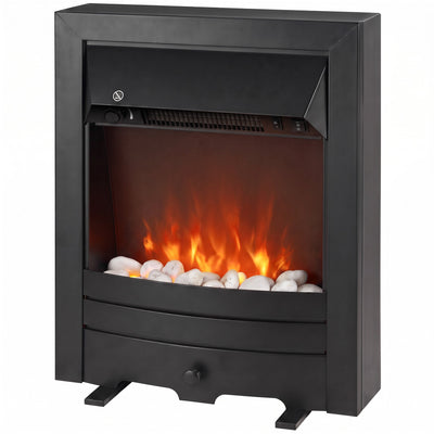 Freestanding electric fireplace with pebble flame effect, studio shot