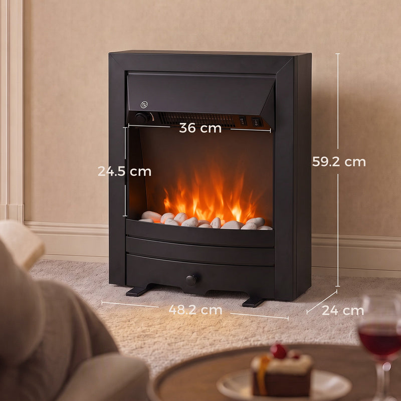Dimensions diagram: 48.2 cm wide, 24 cm deep, 59.2 cm high, with a 36 x 24.5 cm flame window