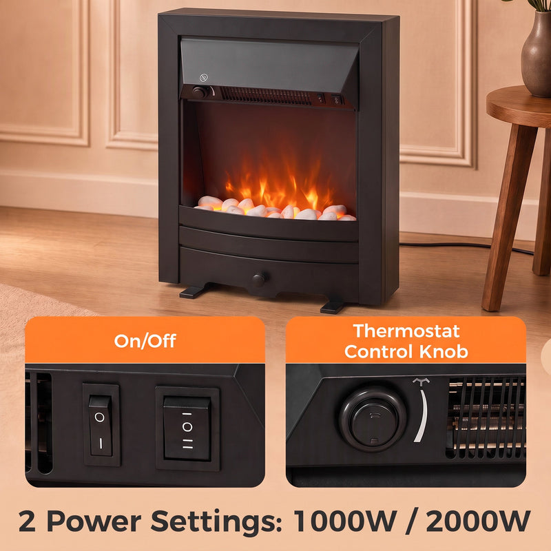On/off switch and thermostat control knob with 1000W and 2000W power settings