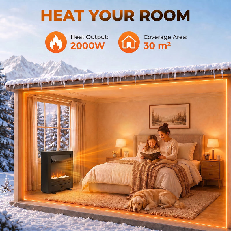 Fireplace warming a snowy-view bedroom with 2000W heat output and 30 m2 coverage