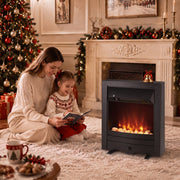 Electric fireplace in a festive living room as a mother and child read together
