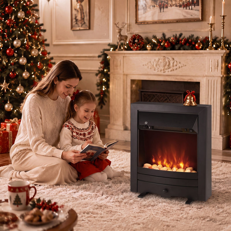 Electric fireplace in a festive living room as a mother and child read together