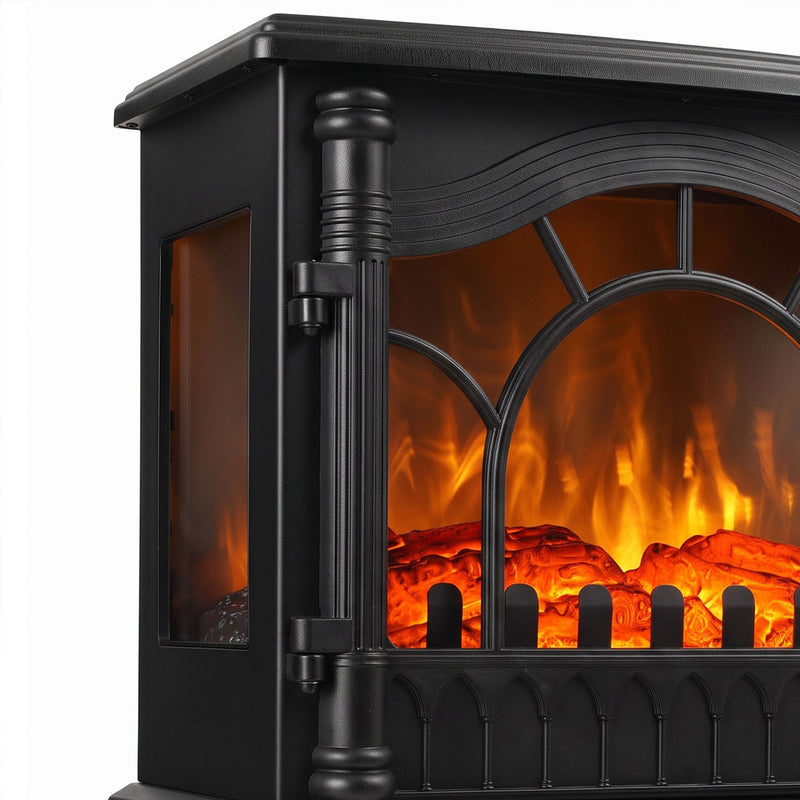 Close-up of the stove's glass door, latch handle and flame effect