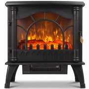 Black electric fireplace stove with a glass door and log flame effect, studio front view