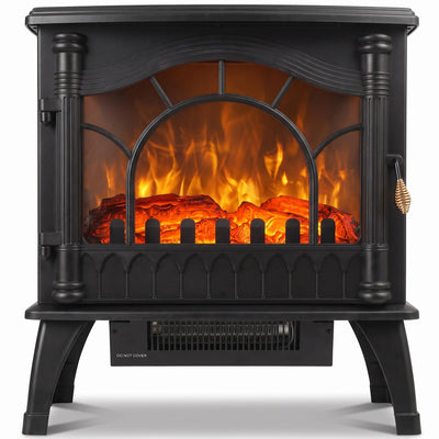 Black electric fireplace stove with a glass door and log flame effect, studio front view