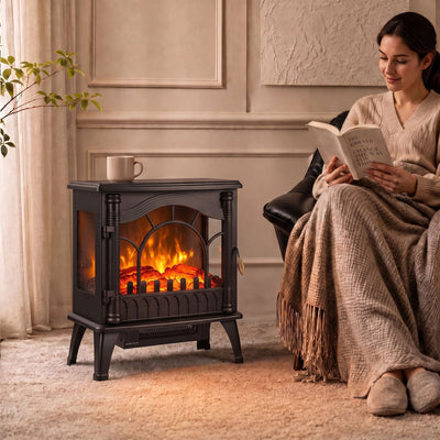 Woman reading beside the black electric fireplace stove in a cosy living room