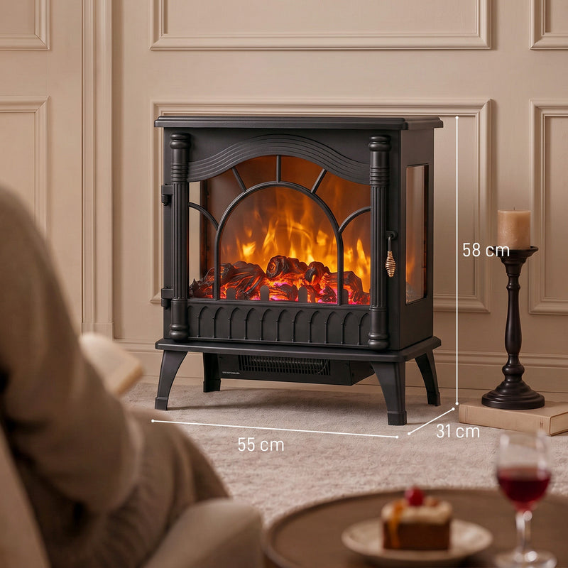 Dimensions diagram of the electric fireplace stove: 55 cm wide, 31 cm deep and 58 cm high