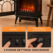 On/off switches and thermostat control knob with 2 power settings, 1000W and 2000W