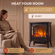 Woman reading in a heated room, with 1000W/2000W heat output and 30 m² coverage area