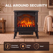 Electric stove with overheat protection, safety plug and steel construction icons