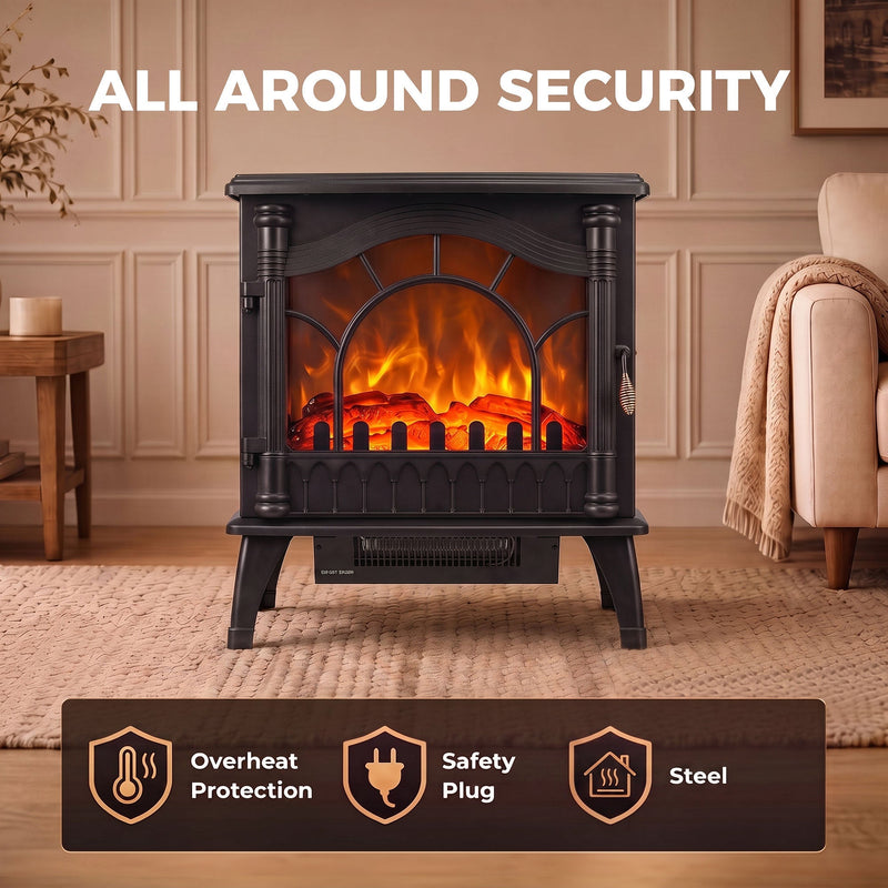 Electric stove with overheat protection, safety plug and steel construction icons