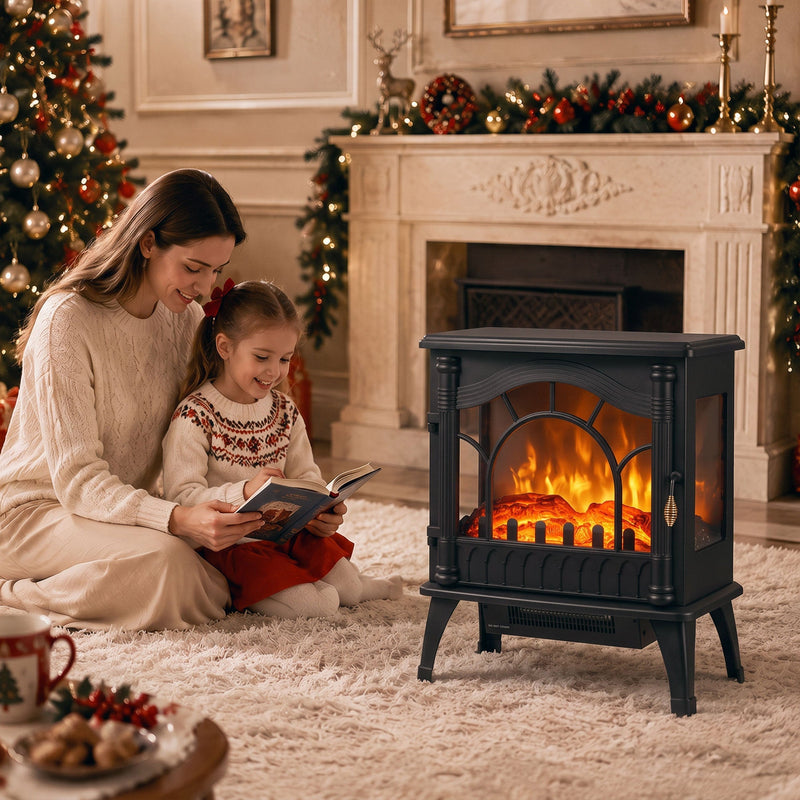 Mother and child reading on a rug beside the electric stove at Christmas