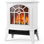 HOMCOM freestanding electric fireplace stove in white, front three-quarter studio view with arched window and LED log flame