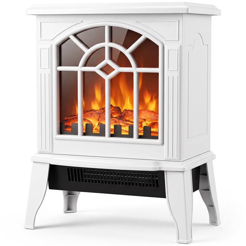 HOMCOM freestanding electric fireplace stove in white, front three-quarter studio view with arched window and LED log flame