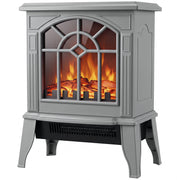 HOMCOM freestanding electric fireplace stove in grey, front three-quarter studio view with arched window and LED log flame