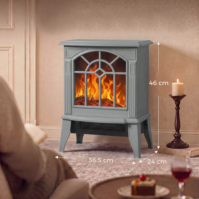 Grey electric fireplace stove dimensions diagram, 46 cm high, 36.5 cm wide, 24 cm deep