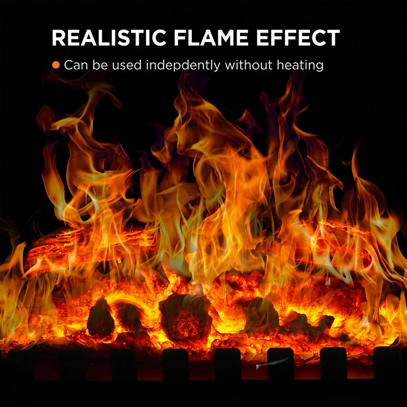Close-up of the realistic LED log and glowing charcoal flame effect on the grey model, usable with or without heat