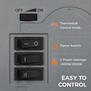 Side control panel on the grey fireplace showing the thermostat knob, flame switch and power switches
