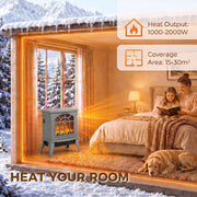 Infographic showing 1000-2000W heat output and 15-30 square metre coverage area warming a bedroom, grey model