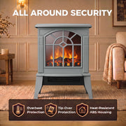 All-round safety graphic for the grey fireplace highlighting overheat protection, tip-over protection and heat-resistant housing