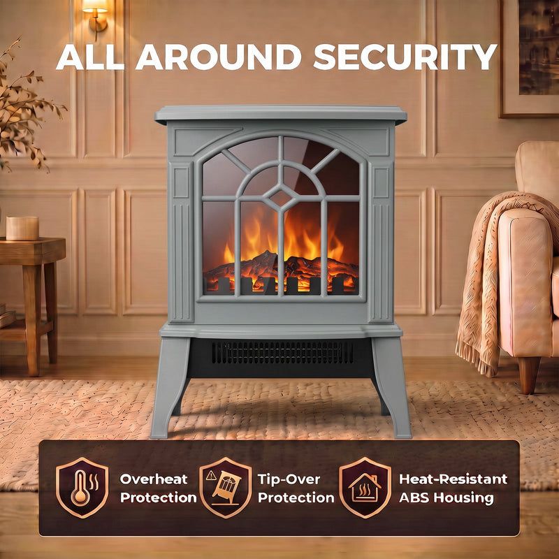 All-round safety graphic for the grey fireplace highlighting overheat protection, tip-over protection and heat-resistant housing