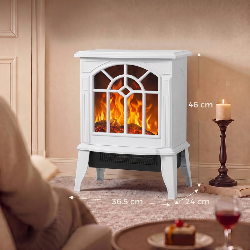 White electric fireplace stove dimensions diagram, 46 cm high, 36.5 cm wide, 24 cm deep
