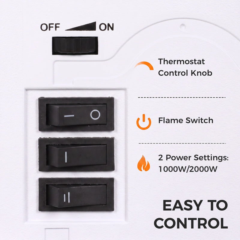 Side control panel showing the thermostat knob, flame switch and 1000W/2000W power switches