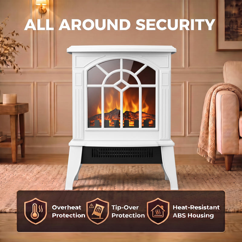 All-round safety graphic highlighting overheat protection, tip-over protection and heat-resistant ABS housing