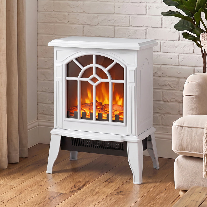 White electric fireplace stove glowing against a white brick wall in a modern living room