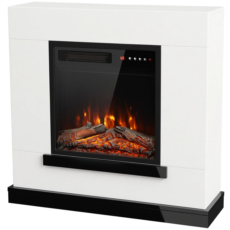 White electric fireplace suite with a black base and a 3D log flame fire on a white background