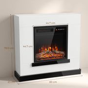 Dimensions diagram of the white fireplace suite showing 80 cm wide, 23 cm deep, 78.5 cm high and a 44.7 cm square opening