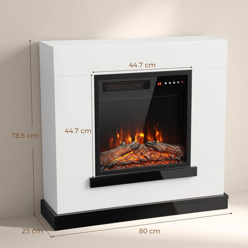 Dimensions diagram of the white fireplace suite showing 80 cm wide, 23 cm deep, 78.5 cm high and a 44.7 cm square opening