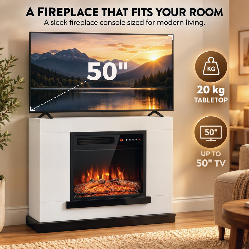 Graphic showing the fireplace suite sized for a 50 inch TV with a 20 kg tabletop capacity